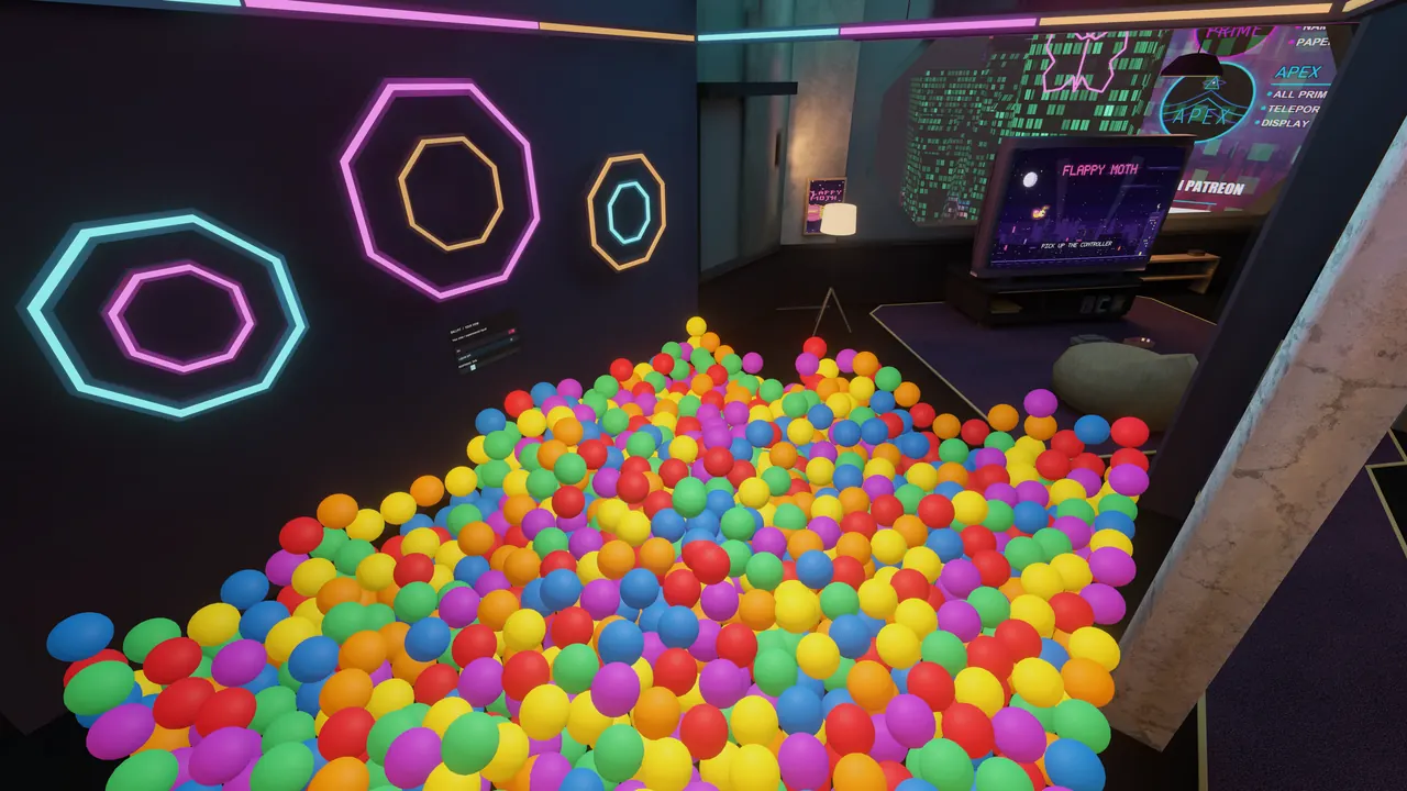 The ball pit, full of colored balls under neon octagons
