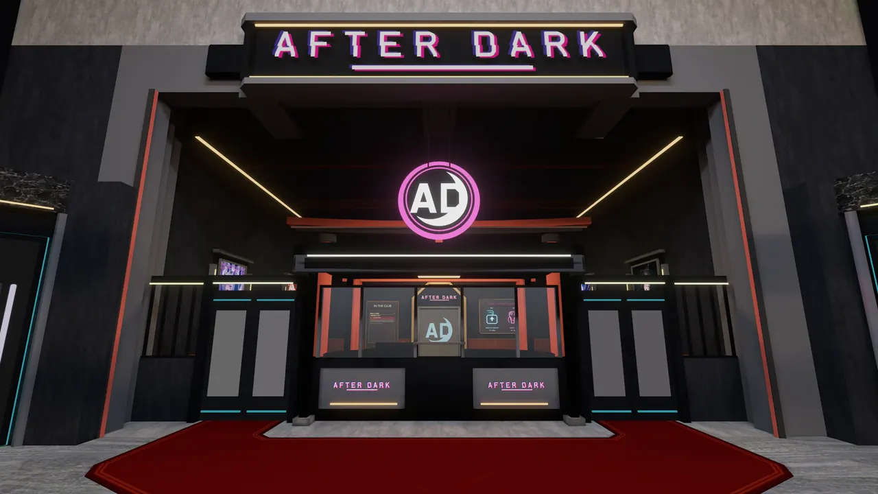 The entrance desk where you arrive, the AFTER DARK wordmark on the wall behind it