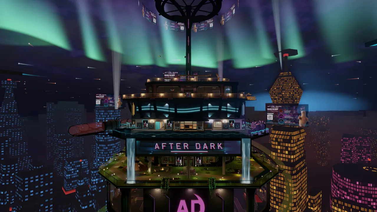 The AFTER DARK tower at night under green aurora, its neon sign and two waterfalls lit, the club train's track wrapped around it