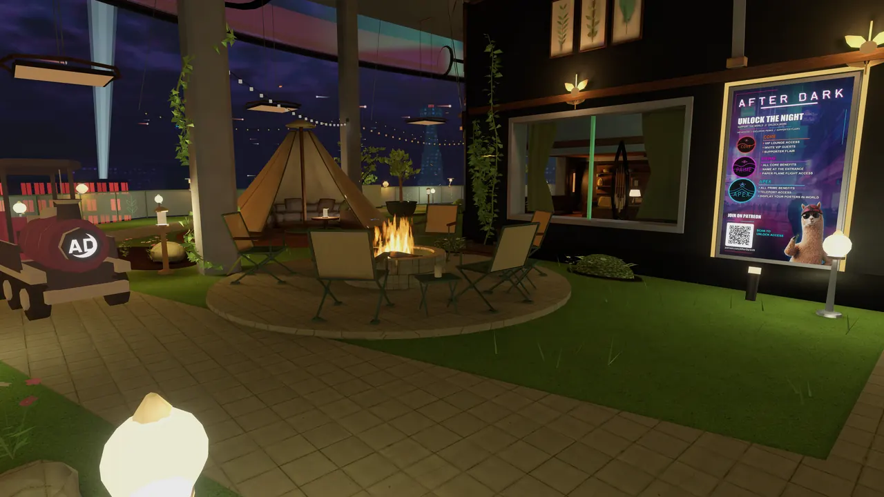 A campfire ringed with folding chairs in the rooftop garden, a tipi behind it