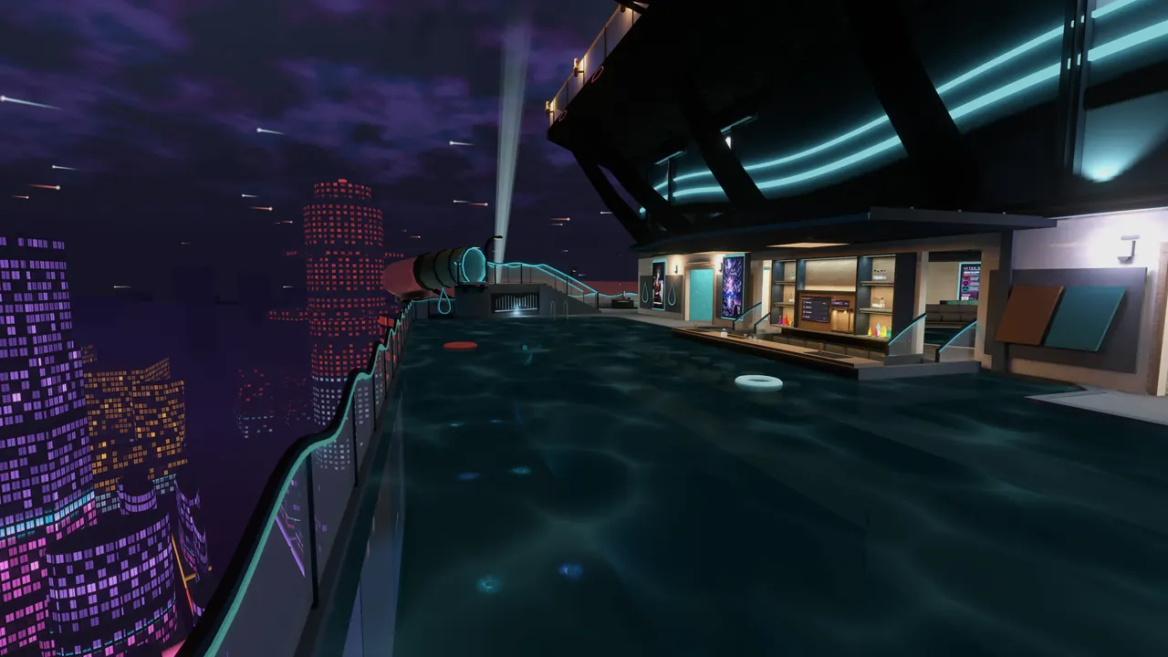 The rooftop pool at night, the city and searchlights beyond its glass edge